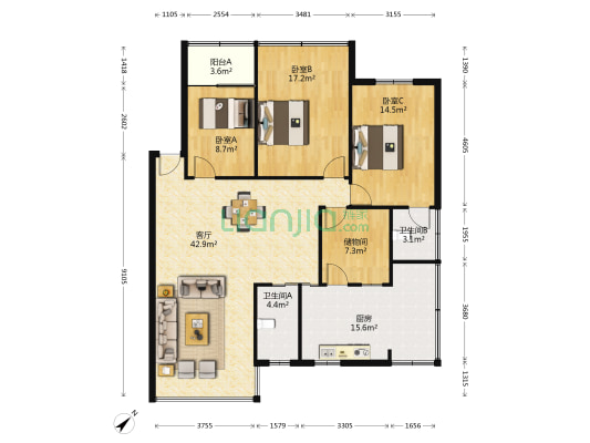 六合路1号 3室1厅2卫 102平方