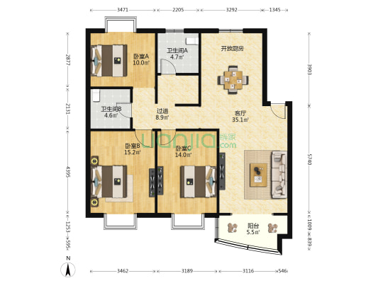 泾水公寓西区 3室1厅2卫 116平方