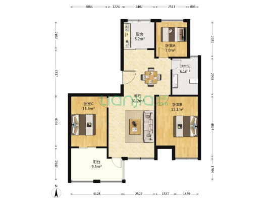 中梁天御一区 3室1厅1卫 100平方