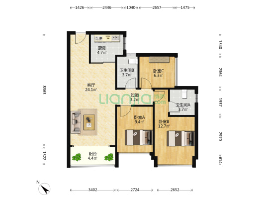一期御景佳园 3室1厅2卫 89平方