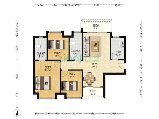 云秀幸福花园 3室1厅2卫 101平方