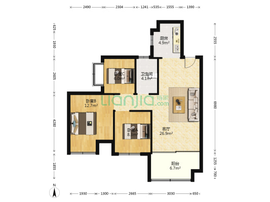 佳利壹品苑 3室1厅1卫 85平方