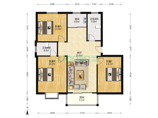 韩家浜新村三区 3室1厅2卫 113平方