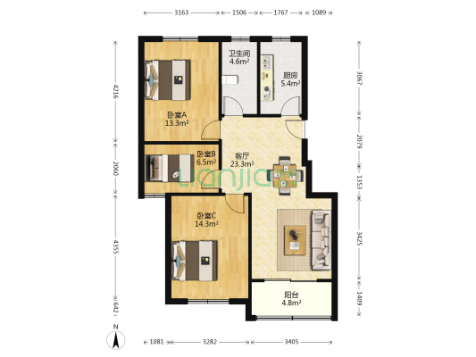 盘城新居 3室1厅1卫 91平方