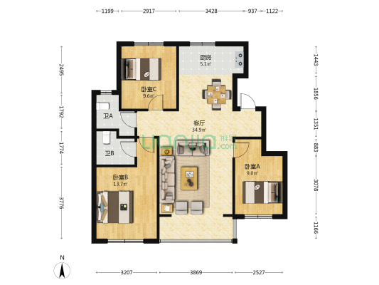 泊逸天玺甲第 3室1厅2卫 109平方