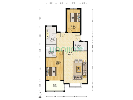中盛嘉园 2室1厅2卫 105平方