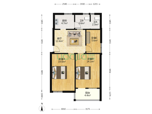农林上路四横路 3室1厅2卫 76平方