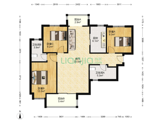 裕亚银湖城二期 3室1厅2卫 118平方