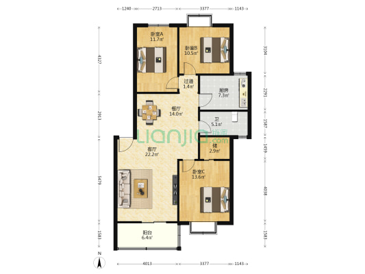 广馨苑小区 3室2厅1卫 117平方