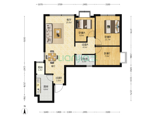 昆铁家园住宅小区 3室1厅1卫 90平方