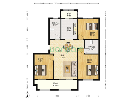园林佳苑 3室1厅2卫 126平方