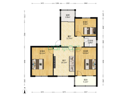 水南街铁路党校 3室2厅1卫 98平方
