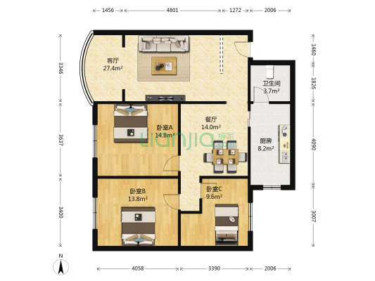 兴隆小区 3室2厅1卫 109平方