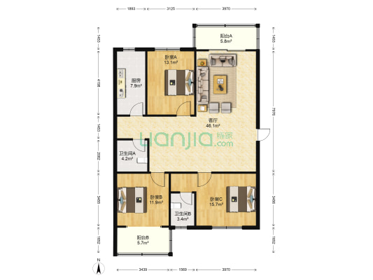 松涛花园 3室1厅2卫 123平方