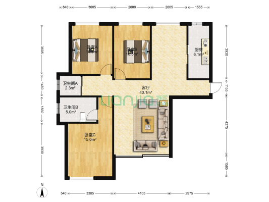 集贤北路2-16号 3室1厅2卫 66平方