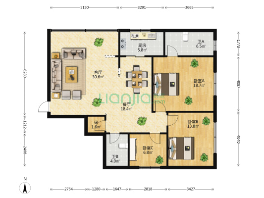 东寺人家 3室2厅2卫 140平方