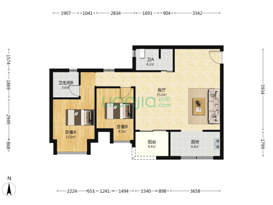 首创禧瑞礼璟宸(3期) 2室1厅2卫 88平方
