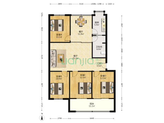 湖南省人民政府机关二院 4室2厅1卫 124平方