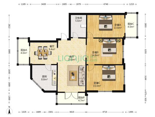 边墙路35 3室2厅1卫 124平方