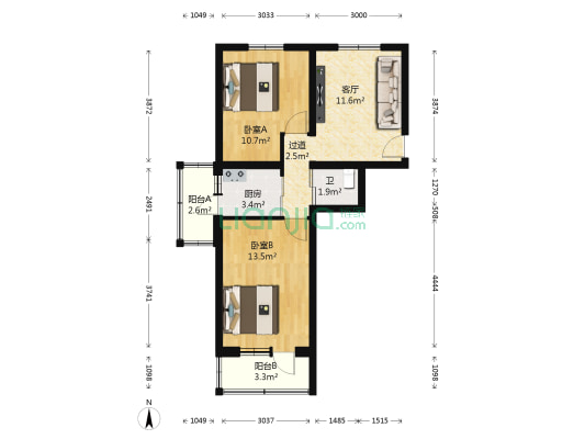 三家店东老店 2室1厅1卫 64平方