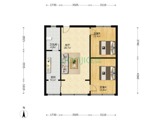 鲤鱼西巷9号 2室1厅1卫 76平方