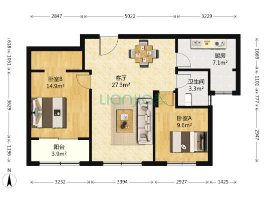 远洋风景 2室1厅1卫 90平方