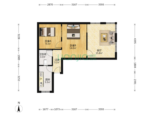 骡马市16号 2室1厅1卫 63平方