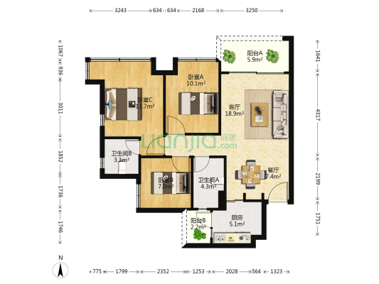 敏捷紫岭国际三期 3室2厅2卫 97平方
