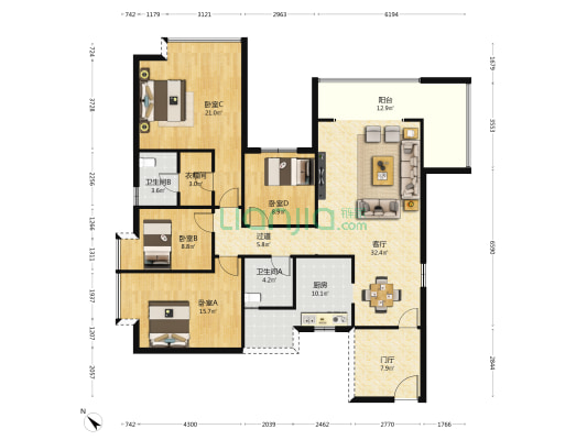 赛亚滨江花园 4室1厅2卫 161平方