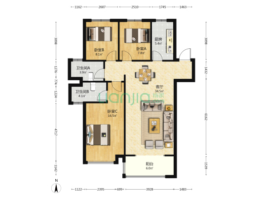 剑桥郡玉兰苑 3室1厅2卫 125平方