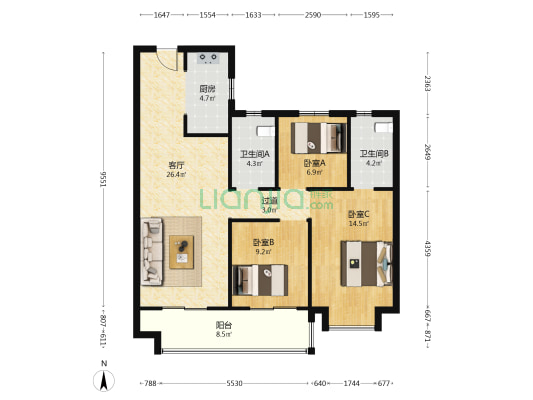 恒泰悦璟府二期 3室1厅2卫 108平方