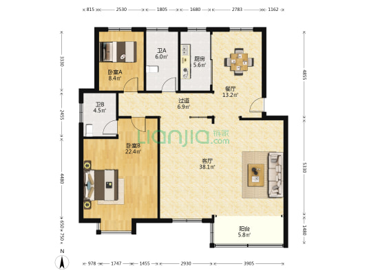 青果花苑 2室2厅2卫 131平方