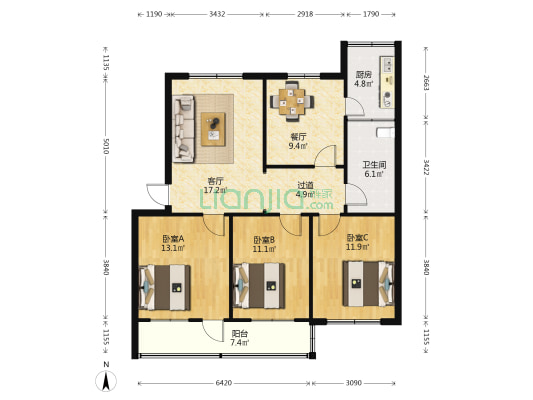 坊子区招待所宿舍 3室2厅1卫 99平方