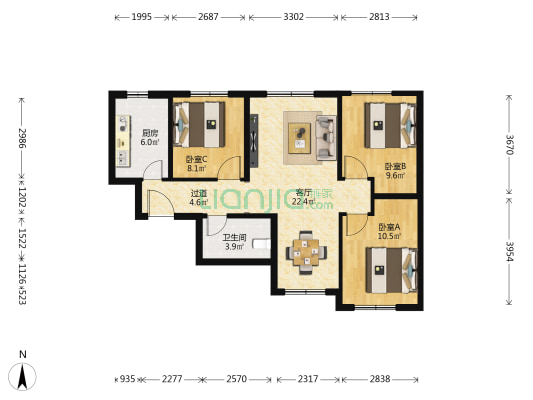 金泰丽富嘉园北区 3室1厅1卫 90平方