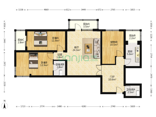 大龙公寓 2室1厅2卫 124平方