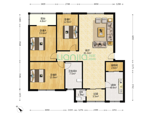 德阳安装技师学院宿舍楼 3室1厅2卫 130平方