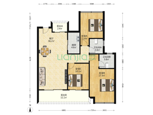 建业世和府二期 3室1厅2卫 128平方