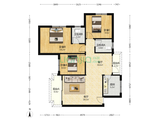 港湾新村 3室2厅2卫 97平方