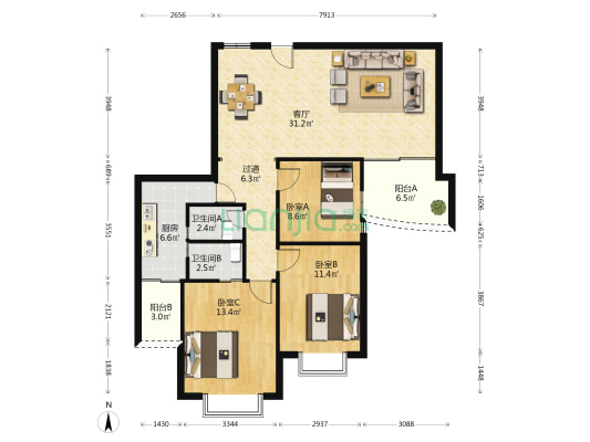 新兴花园 3室1厅2卫 113平方