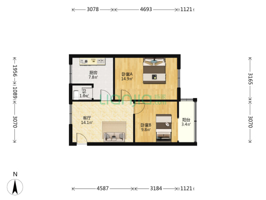 长石村23号 2室1厅1卫 66平方
