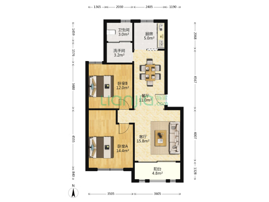 罗山花苑 2室2厅2卫 85平方