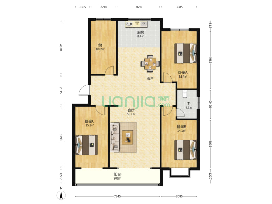 海天花园 3室1厅1卫 152平方
