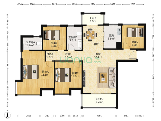 五号公馆 4室1厅2卫 136平方