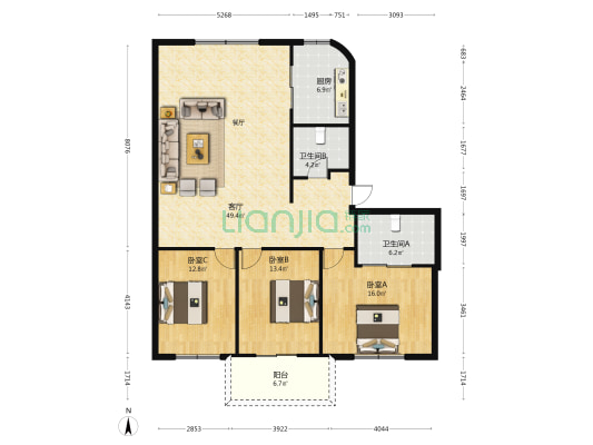 高峰小区 3室1厅2卫 133平方