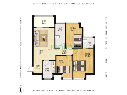 岭南世家瑞府 3室1厅2卫 90平方