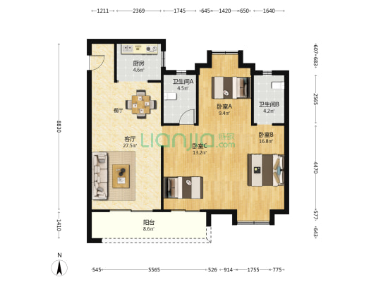 中梁天玺壹号 3室1厅2卫 118平方