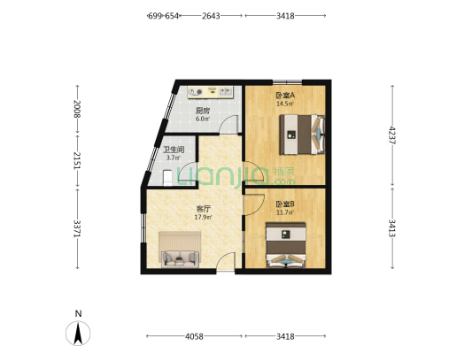 陨西家园 2室1厅1卫 68平方