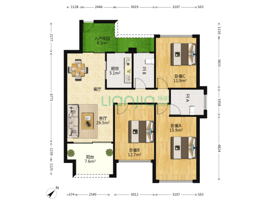 金沙美地 3室1厅2卫 95平方
