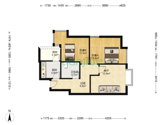 金房星座 2室1厅1卫 80平方