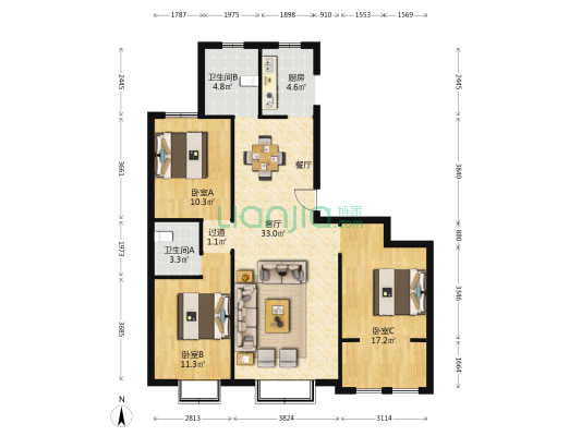 天泰绿城 3室1厅2卫 125平方